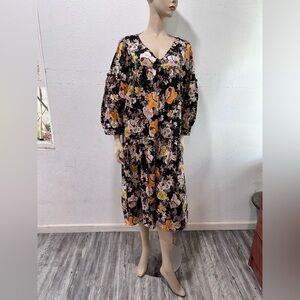 Who What Wear Floral Long Sleeve Dress - Black and Orange